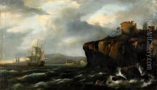 Kustlandskap Med Figurer Oil Painting - Adriaen Van Der Kabel