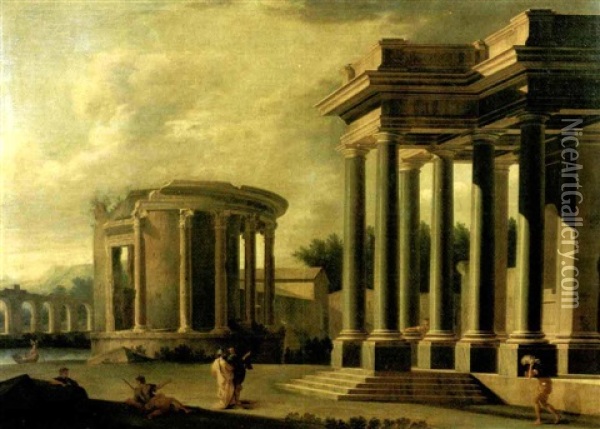 Tempio Di Vesta A Tivoli E Pronao Tuscanico Con Astanti Oil Painting - Niccolo Codazzi