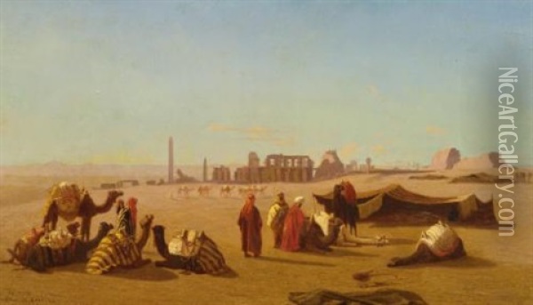 A Caravan At Rest, The Temple Of Karnak, Thebes In The Distance Oil Painting - Charles Theodore (Frere Bey) Frere