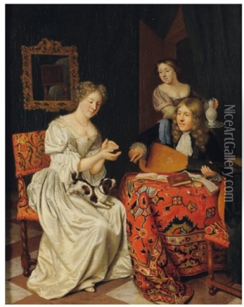 Interieur Galant Avec Elegante Au Chien Et Joueur De Luth Oil Painting - Thomas van der Wilt