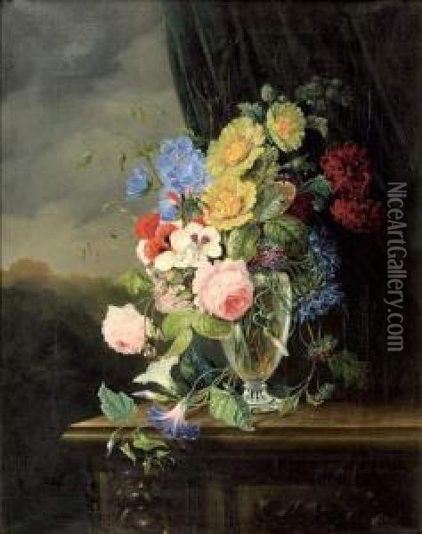 Un Bouquet De Fleurs Devant Un Paysage Oil Painting - Julie Palmyre Van Marcke-Robert