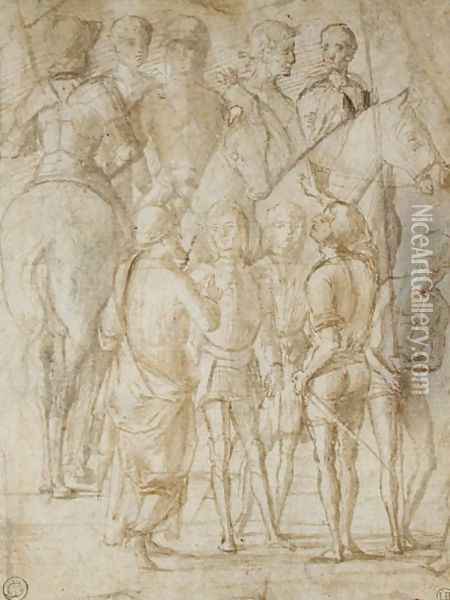 Group of Horsemen and Men Standing Oil Painting - Lorenzo Costa