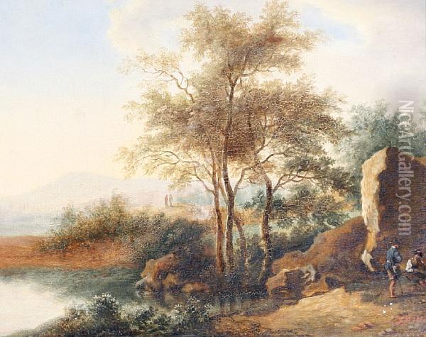 A Wooded River Landscape With Travellers Resting Beside A Country Path Oil Painting - Jan Both