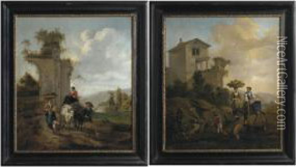 An Italianate Landscape With 
Village Women Travelling To Market With A Donkey; And An Italianate 
Landscape With Villagers And An Ox-cart Oil Painting - Hendrick Mommers