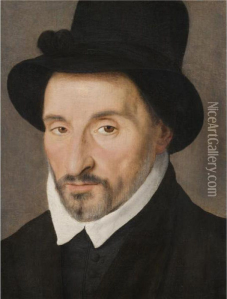 Portrait Of Gentleman, Head And Shoulders, Wearing A Black Tunic With A Black Hat Oil Painting - Francois Clouet
