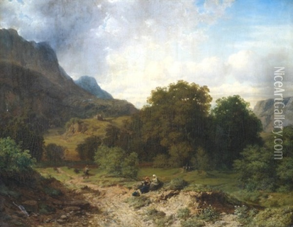 Sommerliche Gebirgslandschaft Mit Bauern Oil Painting - Alfred (Wilhelm) Metzener