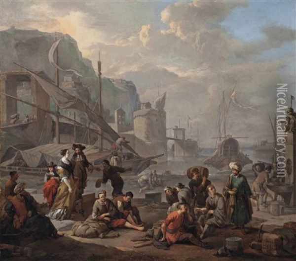 A Mediterranean Port With An Elegant Couple And Travellers Resting By The Quay Oil Painting - Johannes Lingelbach