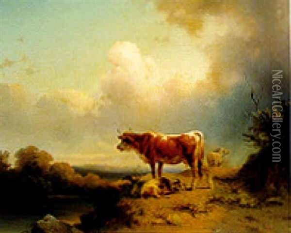Cattle In A River Landscape With An Approaching Storm Oil Painting - Edmund Mahlknecht