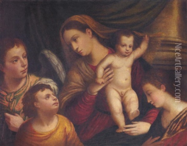 Maria Mit Jesus Umgeben Von Einem Engel Und Zwei Kindern Oil Painting - Bonifazio de Pitati