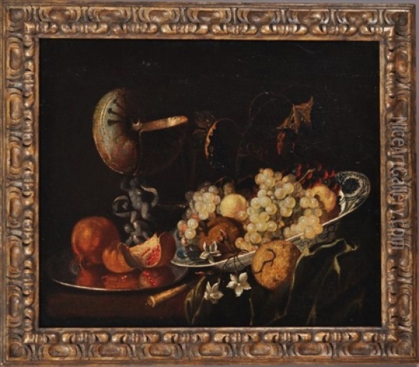 Fruit Bowl And Nautilus Cup Oil Painting - Giovanni Battista Ruoppolo