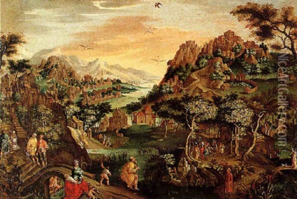 Paysage De Montagne Traverse Par Un Fleuve Avec Le Prophete Osee Et Son Epouse Gomer Oil Painting - Gillis Van Coninxloo III