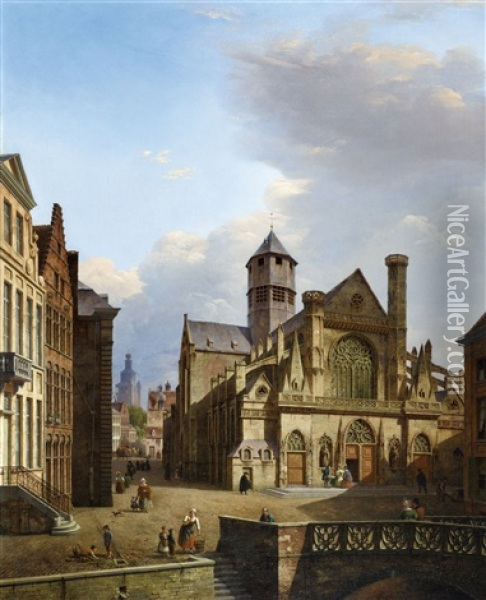 A City View Of Bruges With The Jerusalem Church In The Background Oil Painting - Pierre Francois de Noter