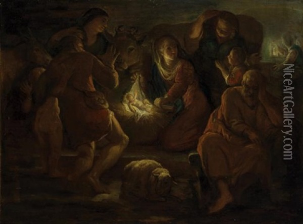 Nocturnal Nativity With Shepherds Oil Painting - Abraham van Diepenbeeck