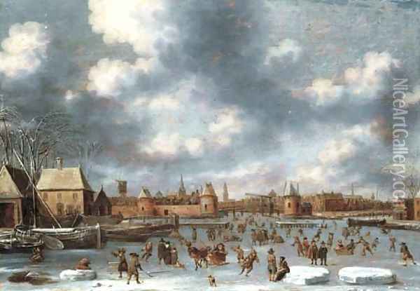 Figures skating on a frozen lake Oil Painting - Thomas Heeremans