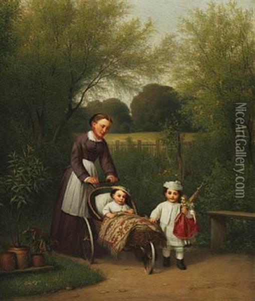 A Nanny With Two Children, A Girl With A Doll And A Boy In A Pram Oil Painting - Edvard Lehmann