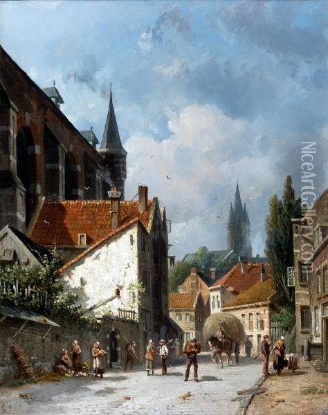 Zonnige Dag In Een Straat Bij De Kerk Oil Painting - Adrianus Eversen