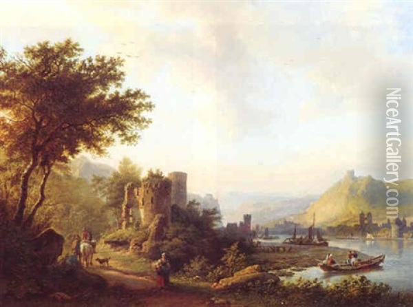 A River Landscape With Travellers On A Path Along Ruins, Boats Near A Town Beyond Oil Painting - Barend Cornelis Koekkoek