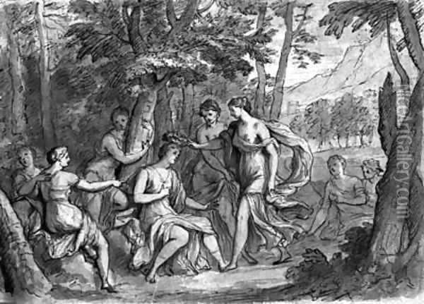 Nymphs crowning a seated female figure in a wood Oil Painting - French School