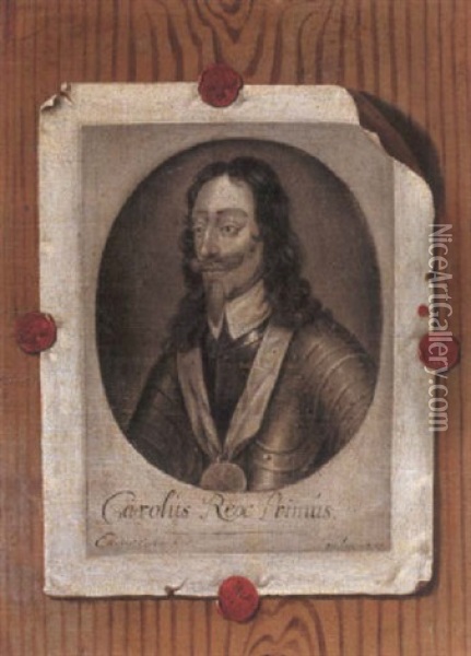 A Trompe L'oeil With An Engraving Of Charles I Attached To A Panel Oil Painting - Edward Collier