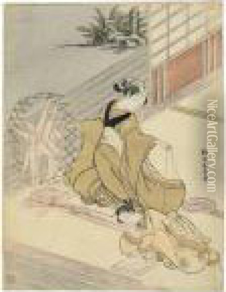 A Beauty Spinning Thread While Her Maid Prepares The Flax Oil Painting - Suzuki Harunobu