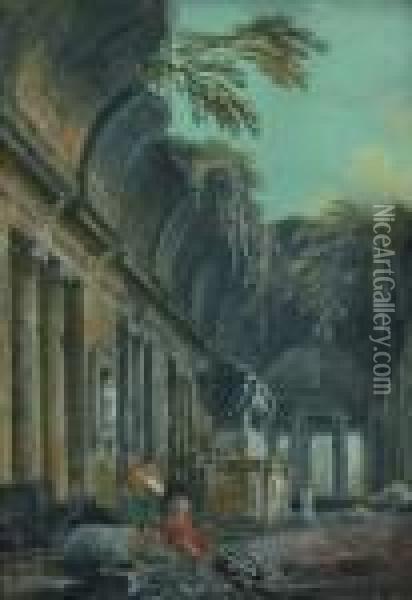 Promeneurs Pres D'un Sarcophage Dans Les Ruines D'un Temple Oil Painting - Jean-Baptiste Lallemand