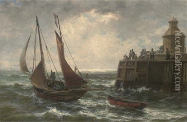 Drifters Off Gorleston Pier Oil Painting - Thomas Rose Miles
