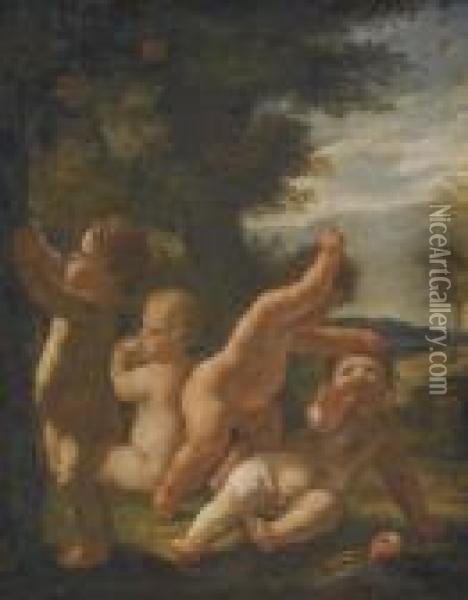 Four Putti Playing In A Landscape Oil Painting - Karel Skreta
