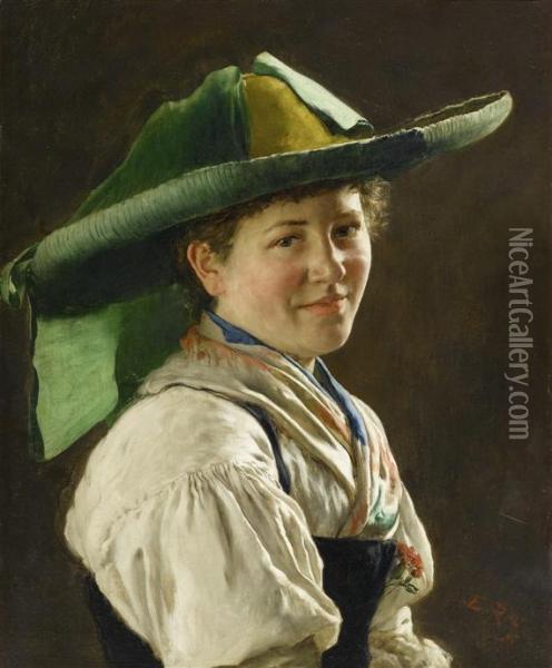 Portrait Of A Dirndl In Costume Oil Painting - Emil Rau