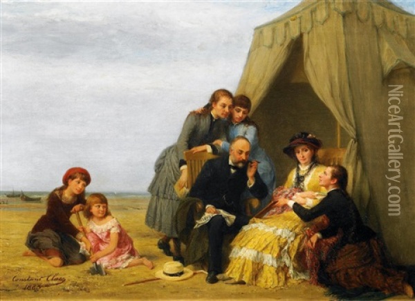 Die Junge Kunstlerin. Grosfamilie Am Strand, Ein Werk Der Begabten Bewundernd Oil Painting - Constant Guillaume Claes