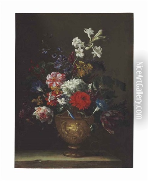 A Hydrangea, Chrysanthemum, Tulip And Other Flowers In A Sculpted Vase Oil Painting - Jean-Baptiste Monnoyer