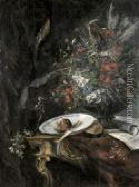 Bouquet De Fleurs, Partition De Carmen Et Eventail Oil Painting - Eugene Henri Cauchois