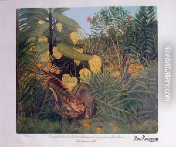Tigre Attaquant Un Buffle Oil Painting - Henri Julien Rousseau