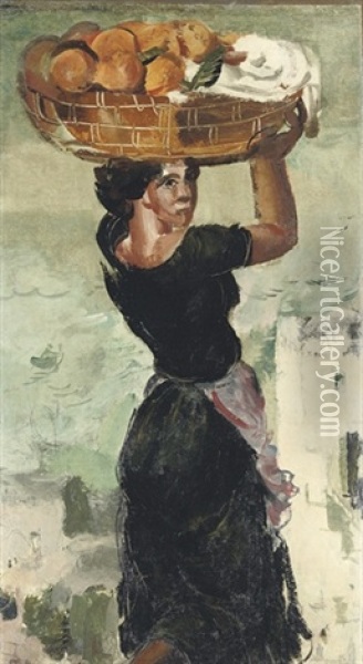 A Woman Bearing A Basket Of Fruit, Capri Oil Painting - Alexander Evgenievich Iacovleff