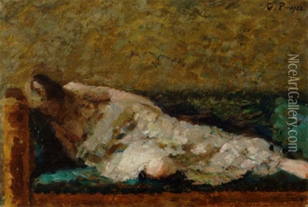 Liggende Kvindelig Model Pa En Gron Sofa Oil Painting - Julius Paulsen