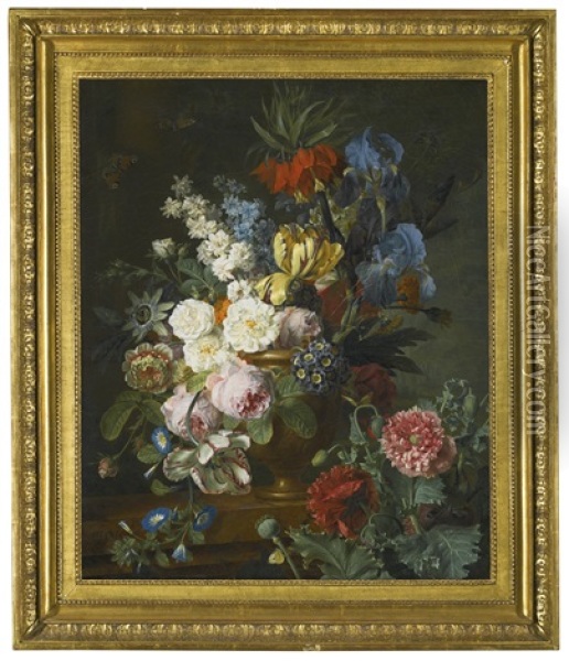 Still Life With Fritillaria Imperialis, Roses And Tulips In A Stone Vase, On A Red Marble Ledge Oil Painting - Jan Frans Van Dael
