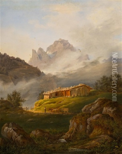 Berglandschaft Mit Alphutte Oil Painting - Karl Girardet
