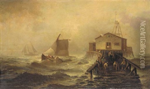 Fishing Boats Off A Jetty Oil Painting - Franklin Dullin Briscoe