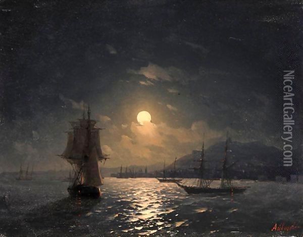 Shipping On A Moonlit Coast Oil Painting - Ivan Konstantinovich Aivazovsky