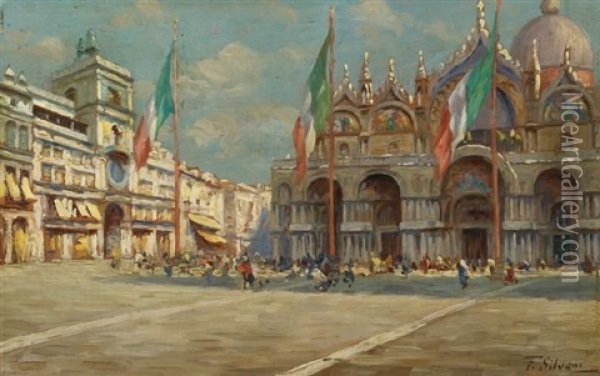 Auf Dem Markusplatz In Venedig Oil Painting - Ferdinando Silvani