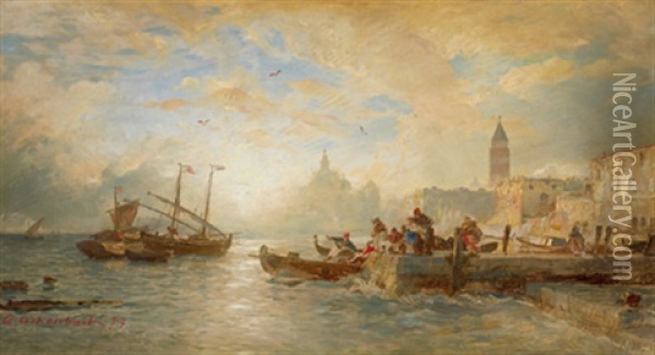 Fischer Vor Venedig - Blick Auf Santa Maria Della Salute Und Den Campanile Oil Painting - Andreas Achenbach
