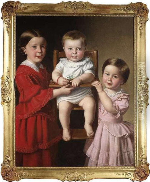Triple Portrait Of The Siblings Josefa , Maria And Theresia Von Liechtenstein Oil Painting - Ludwig Beyfuss