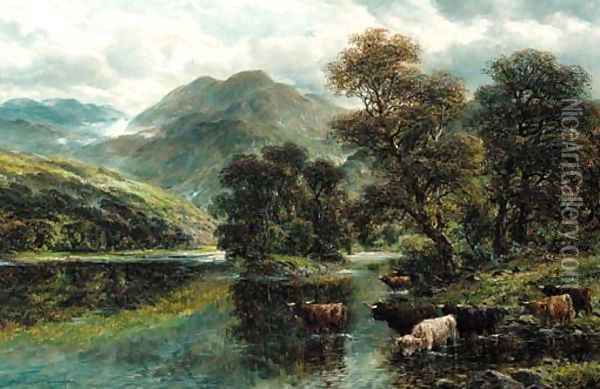 Highland cattle watering in a mountainous landscape Oil Painting - William Langley