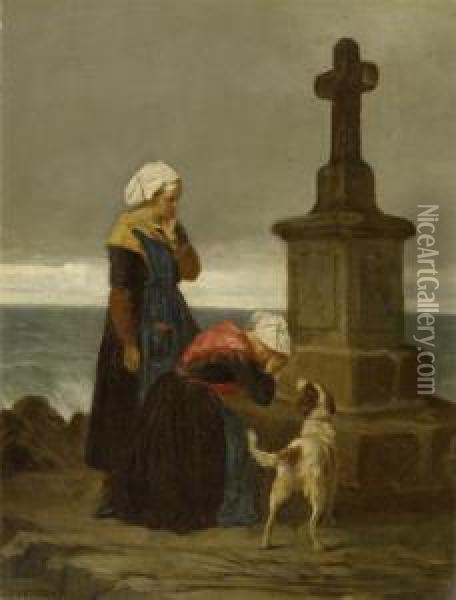 Fishermen's Spouses At A Cross Oil Painting - Theophile-Emmanuel Duverger
