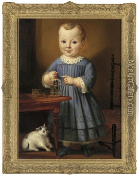 Portrait Of A Child With A Bird And Cat Oil Painting - James Sanford Ellsworth