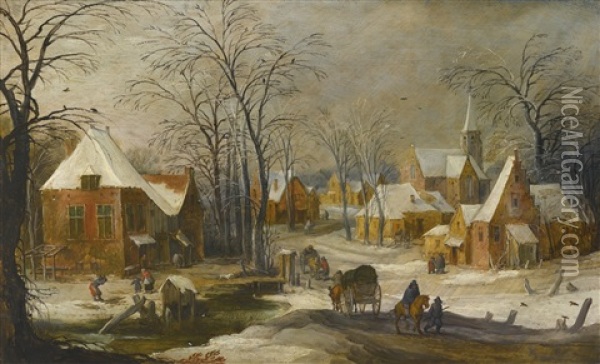 A Winter Landscape With Travellers Passing Through A Village Oil Painting - Joos de Momper the Younger