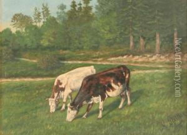 Zwei Weidende Kuhe Auf Einer Sommerwiese Oil Painting - Carl H. Pfeiffer