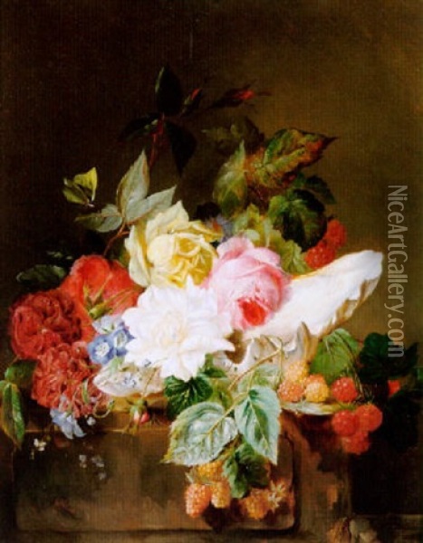 Still Life With Flowers And Berries And A Butterfly On A Stone Pillar Oil Painting - Francois Joseph Huygens