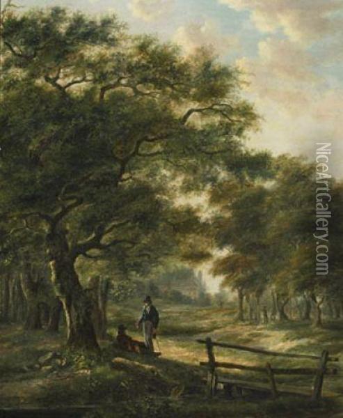 Elegant Travellers Resting In A Wooded Landscape Oil Painting - Hendrik Pieter Koekkoek