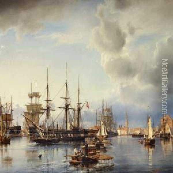 The Port Of Copenhagenwith Warships Oil Painting - Carl Frederick Sorensen