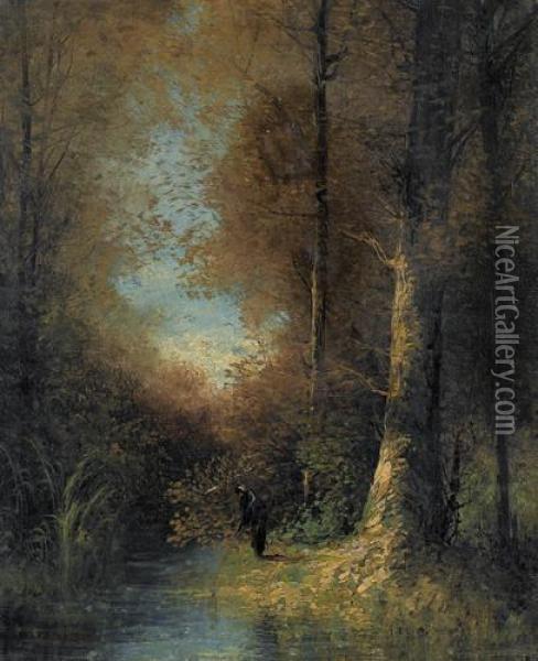 Herbstwald Mit Angler Am Bach Oil Painting - Cesar De Cock